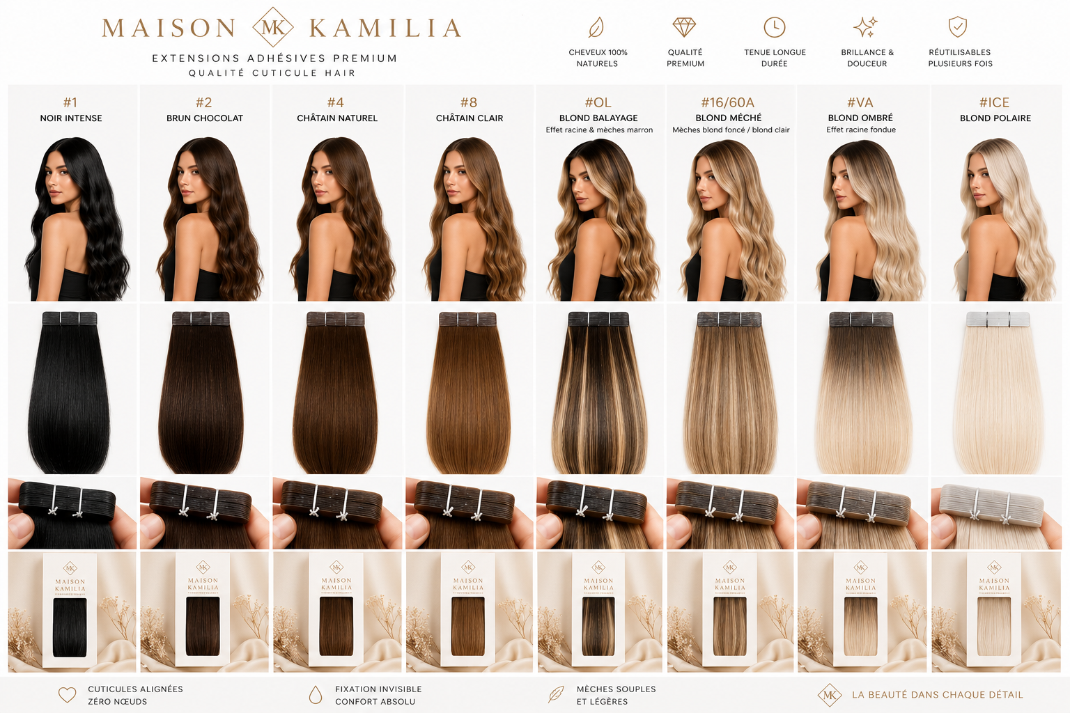 Extensions Adhésives Premium Maison Kamilia - Double Drawn